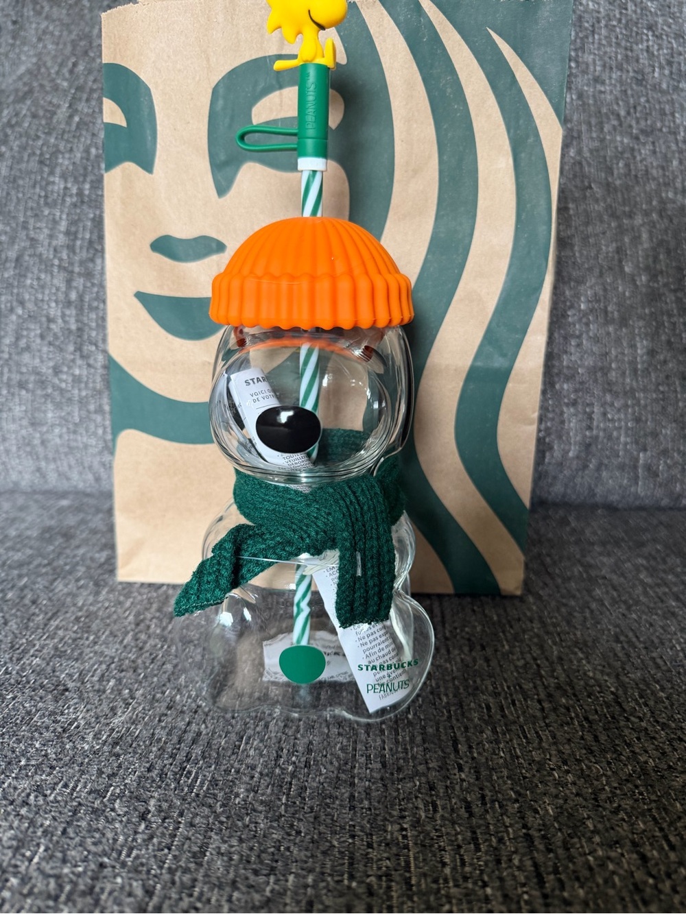 Starbucks Clear Snowman Sipper with Orange Hat and Green Scarf